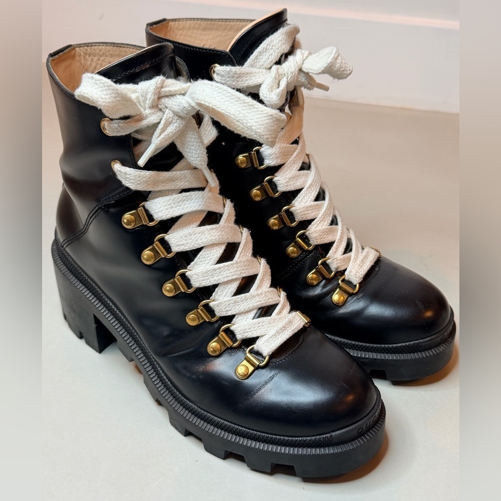 Gucci Black Leather Combat Ankle Boots | White Laces | Gold Accents | Size 7
